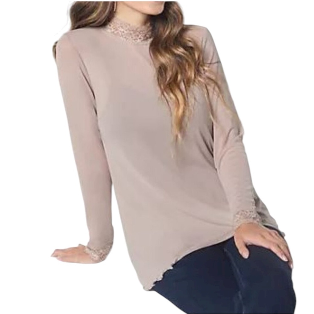 LOGO by Lori Goldstein Sheer Lace Trim Long Sleeve Top in Beige Size XL